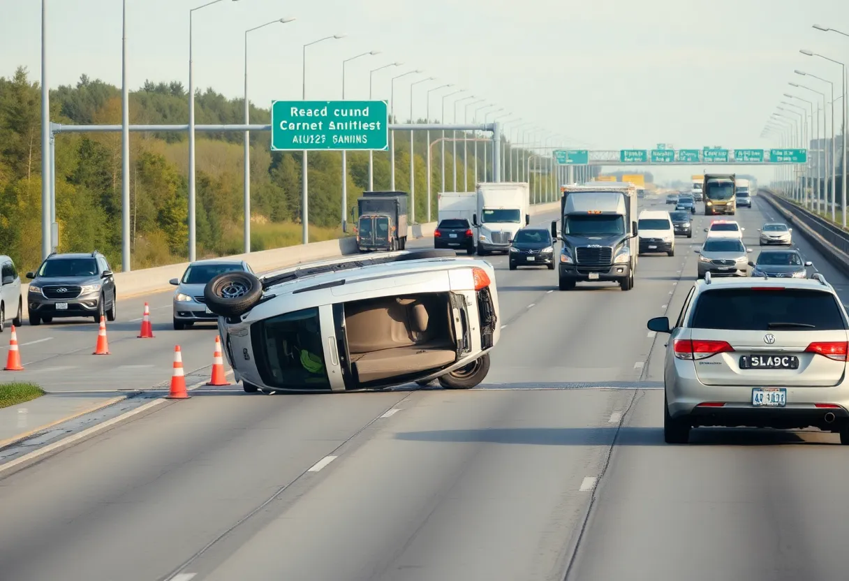 An overturned vehicle on I-485 causing traffic delays in Charlotte