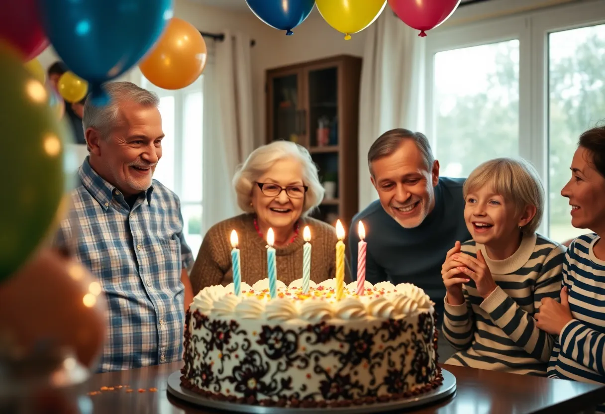 Elderly woman celebrating her 106th birthday surrounded by family and decorations.