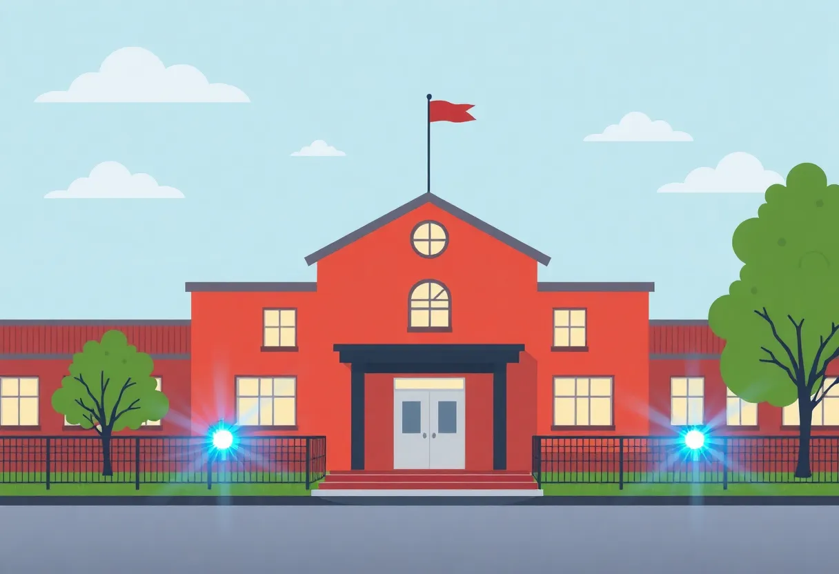 Police lights flashing in front of a school building