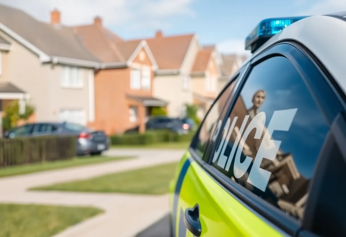 Police vehicle parked in a neighborhood for crime prevention.