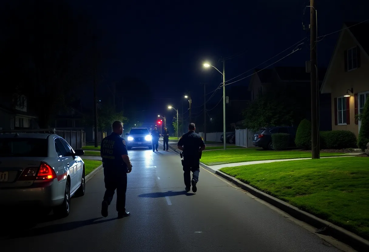 Police officers conducting a search in a neighborhood for suspects in a shooting case.