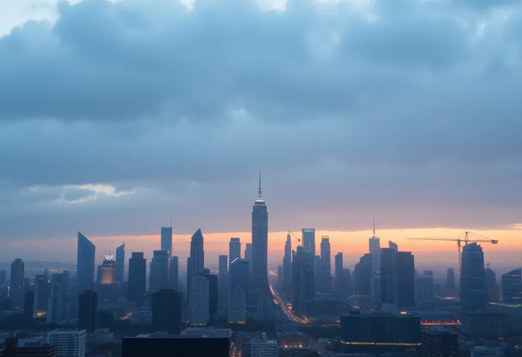 An imaginative depiction of a bright future showcasing technological innovation and economic growth.