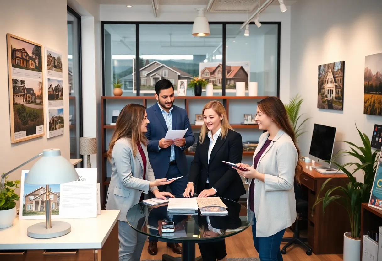 Real estate team collaborating in an office setting.