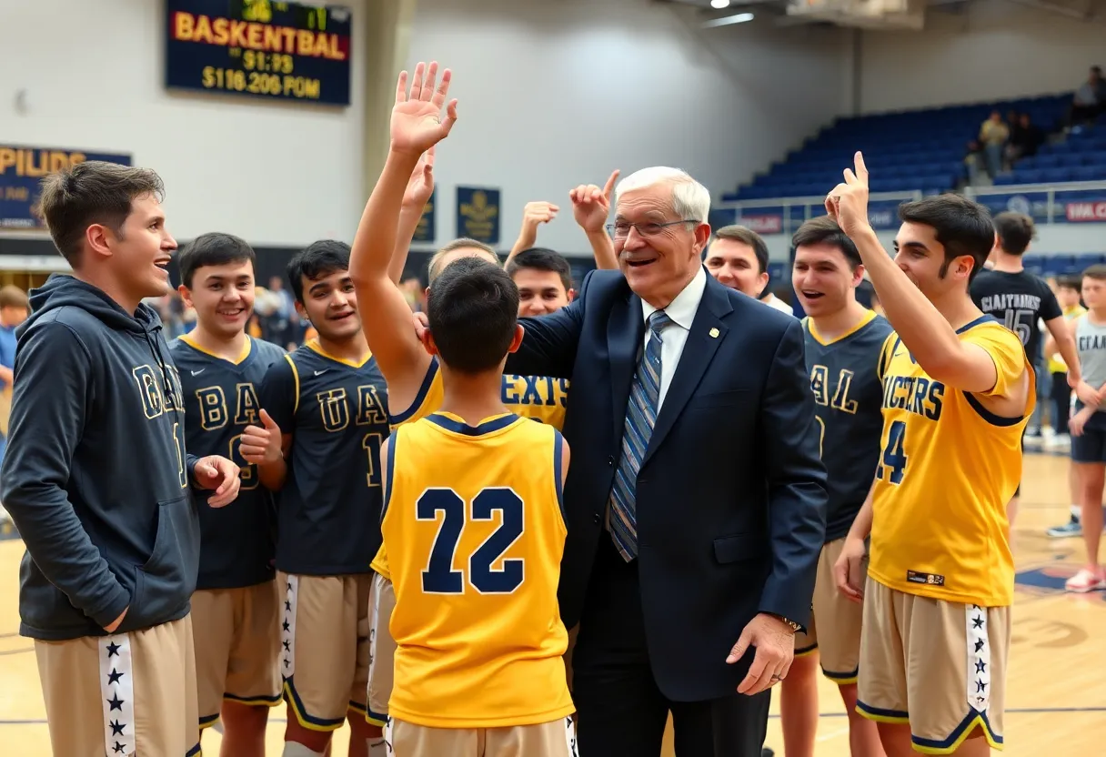 Coach celebrating with players after achieving 1,000 career wins.