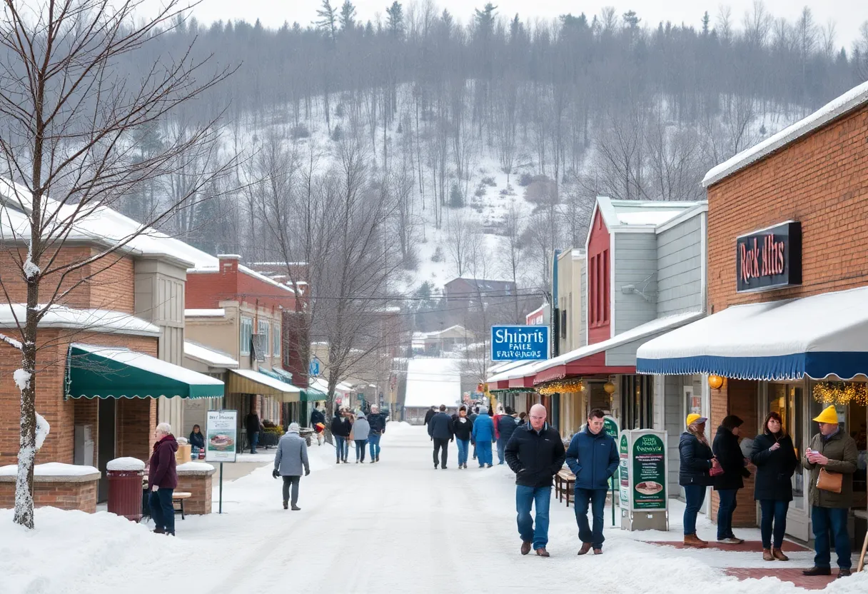 A snow-covered street scene in Rock Hill with community members engaging in preparations for winter weather.