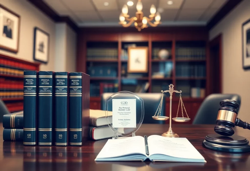 Interior of Rosensteel Fleishman law firm showcasing legal books and awards.
