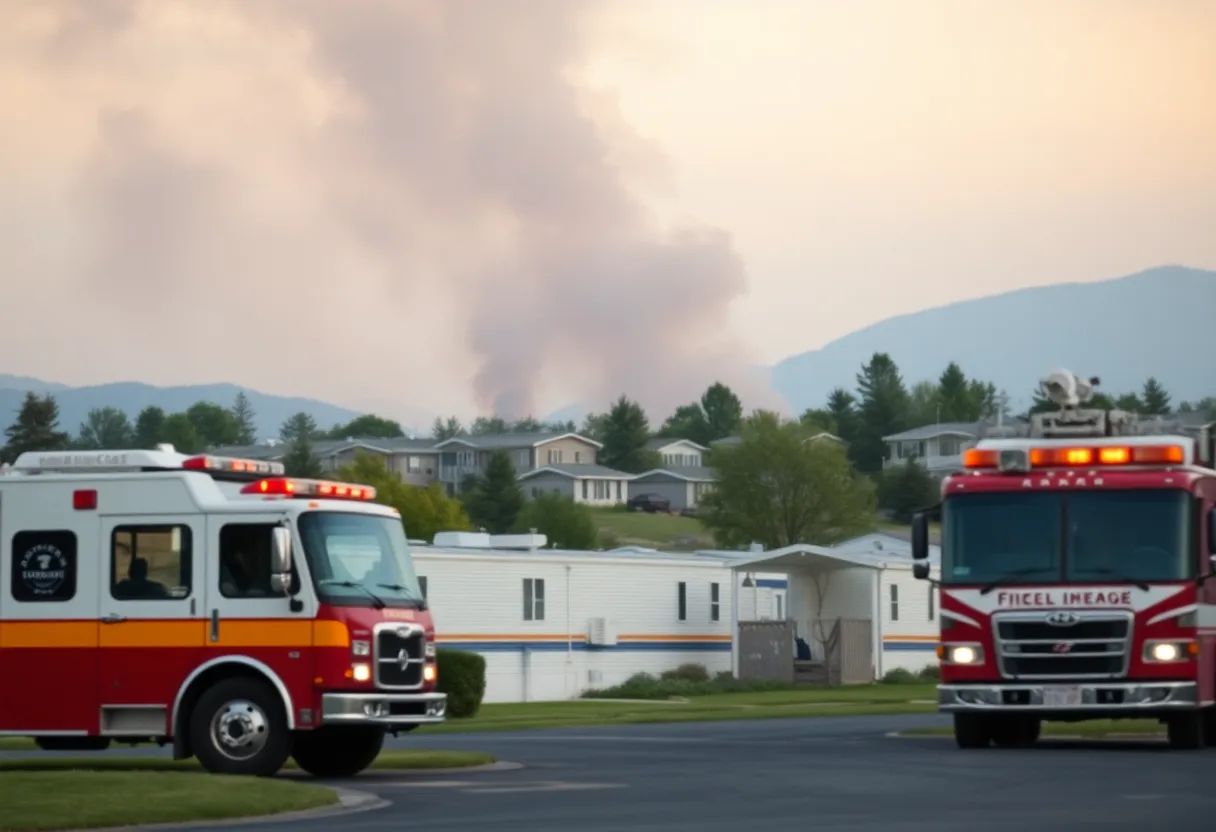 Emergency response vehicles at a mobile home fire scene in Rowan County