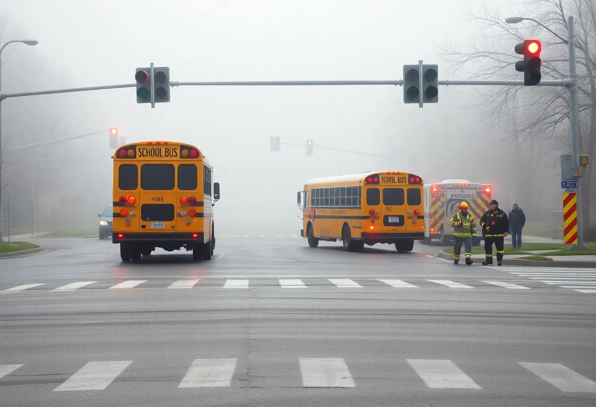 Emergency responders at a school bus collision site in foggy weather