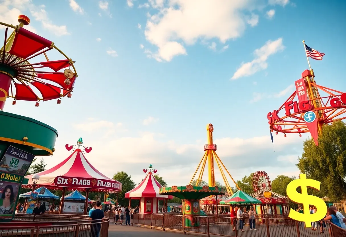 Amusement park rides at Six Flags with financial elements