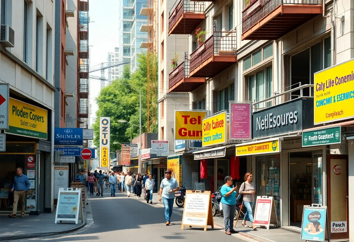 Street view of small businesses with construction signs indicating investment and growth.