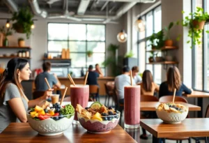 Interior of South Block restaurant featuring acai bowls and smoothies