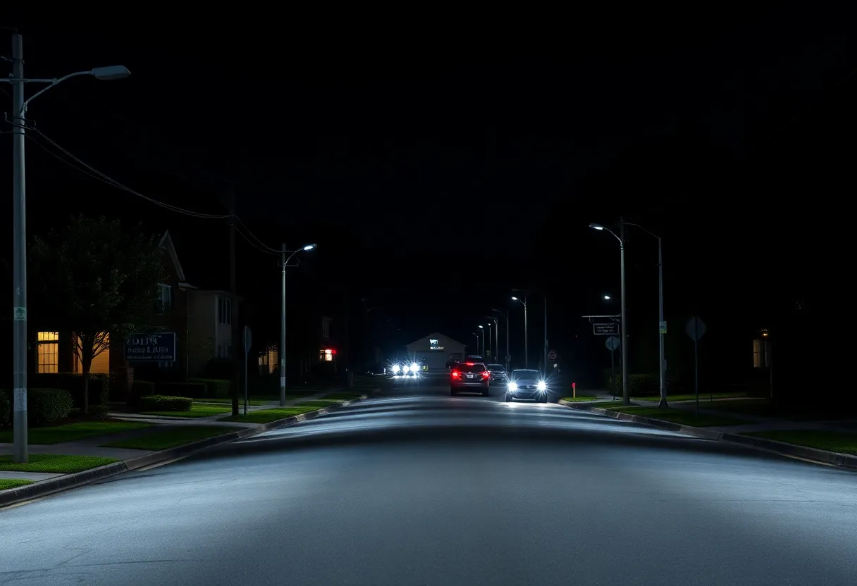 Street view in Steele Creek, Charlotte during a power outage.