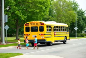 School bus with children waiting at a bus stop in a community-friendly environment.