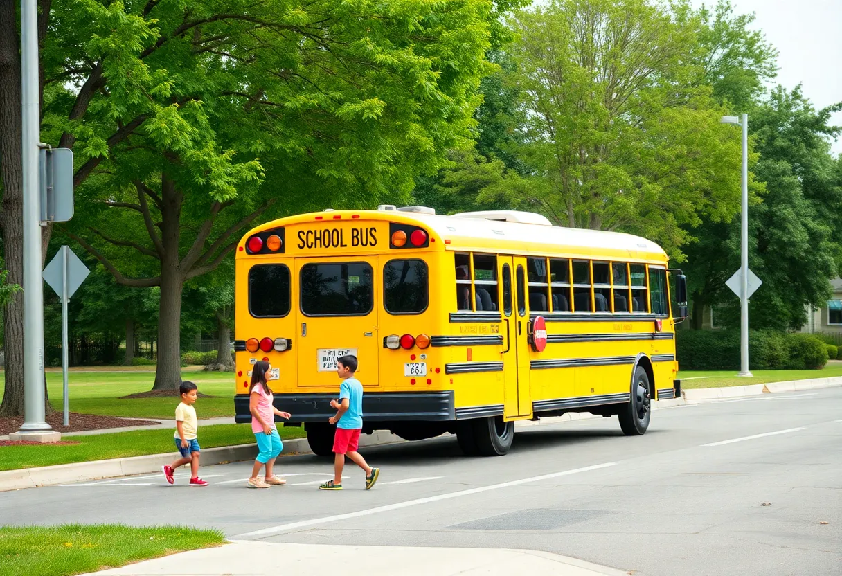 School bus with children waiting at a bus stop in a community-friendly environment.