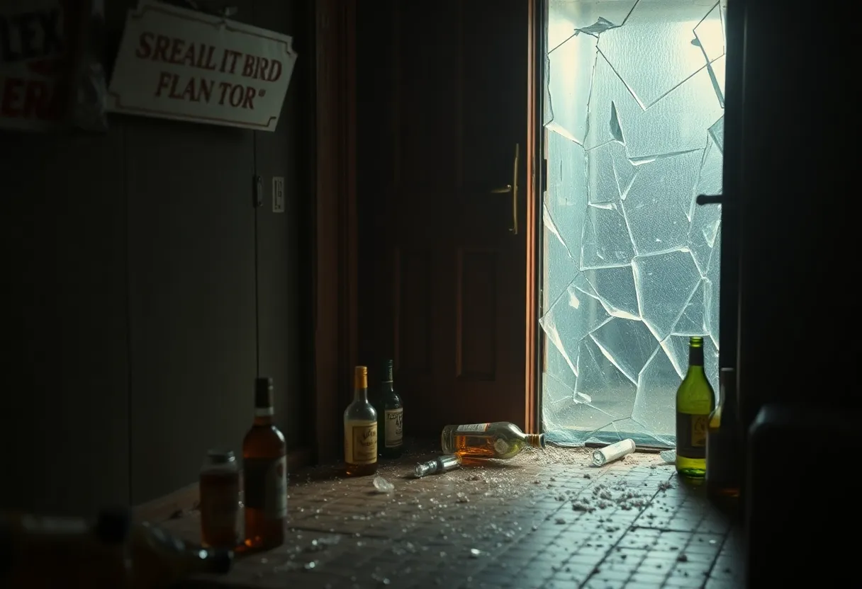 Shattered glass door of Super Abari Game Bar after break-in