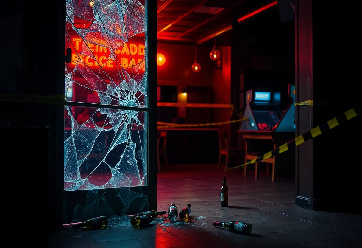 Shattered glass door and spilled liquor bottles at Super Abari Game Bar