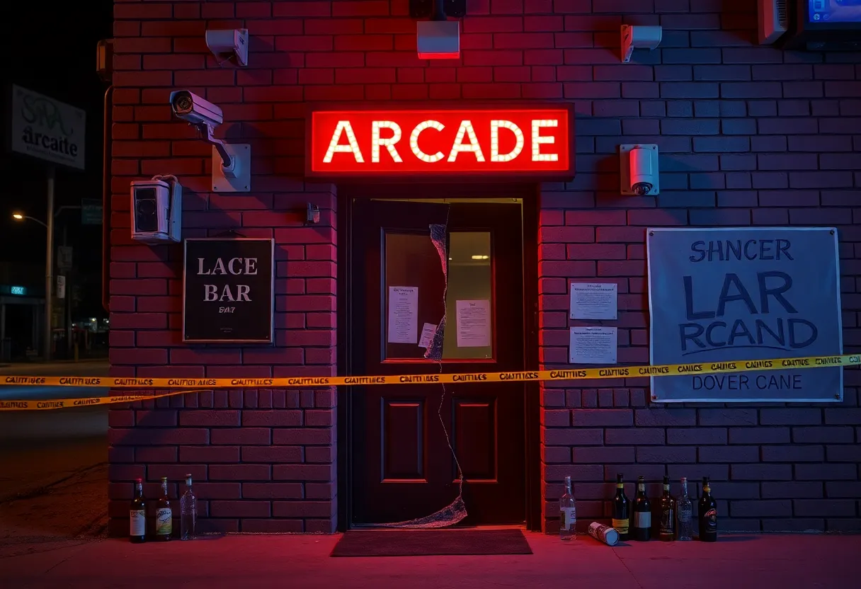 Exterior view of Super Abari Game Bar with a broken door and scattered liquor bottles