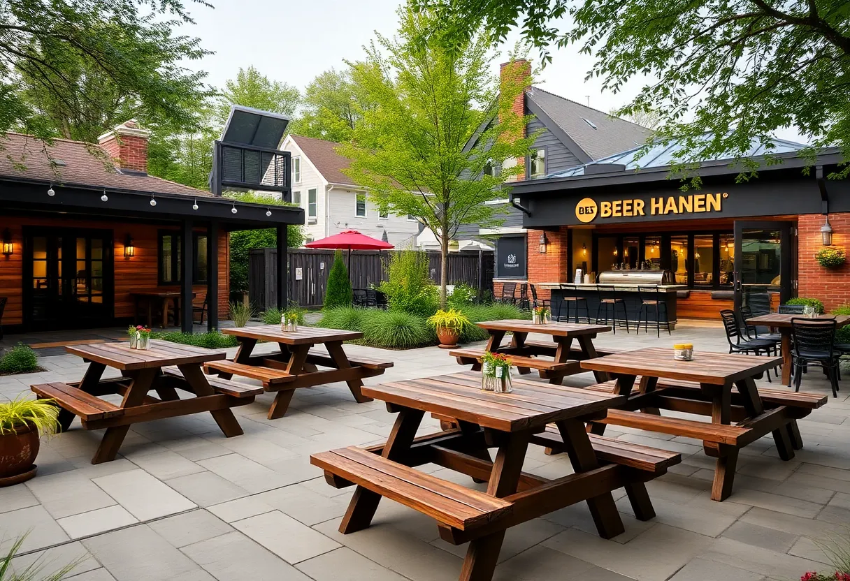 An illustration of the proposed Sycamore Brewing taproom and beer garden in Cotswold Village