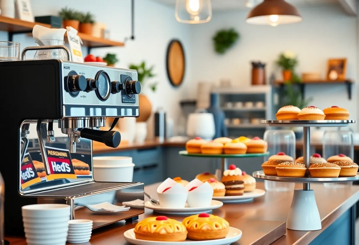 Interior view of The Changebaker Place with espresso machines and pastries