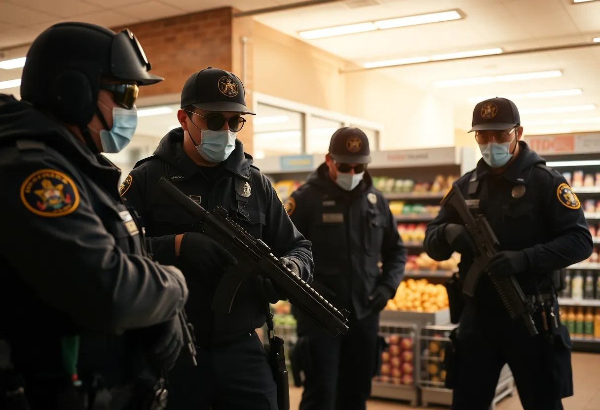 Law enforcement officers investigating a thwarted attack in a grocery store