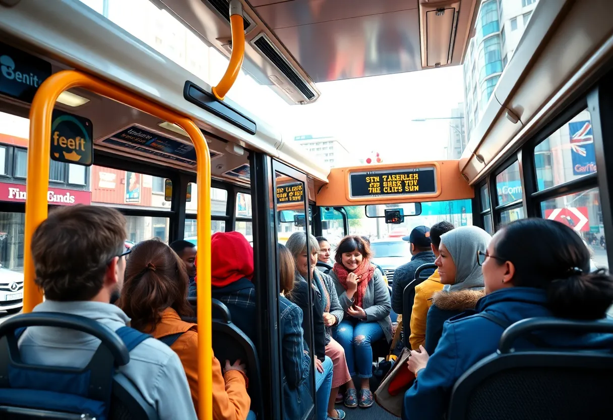 A bus showcasing safety features in an urban environment