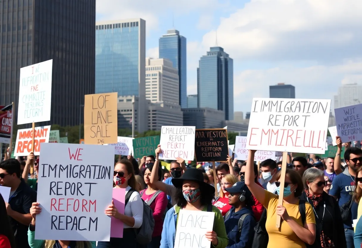 Participants holding signs at the ICE Out rally in Uptown Charlotte