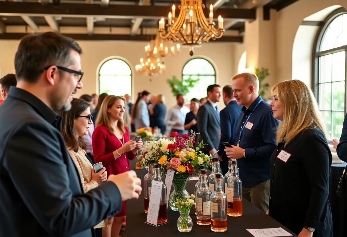 An elegant bourbon tasting event setting with decorative flowers and guests enjoying the experience.