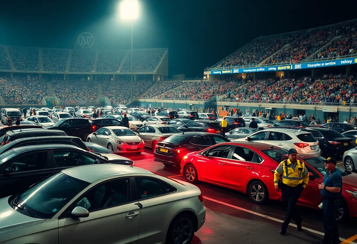 Vandalized vehicles in parking lot near stadium during Carolina Panthers game