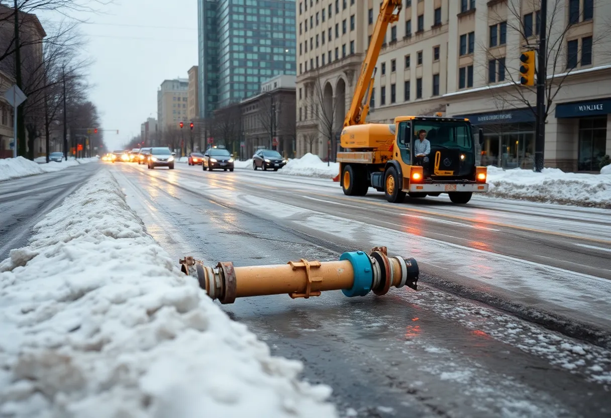 Construction workers repair a water main break in icy conditions in Charlotte.