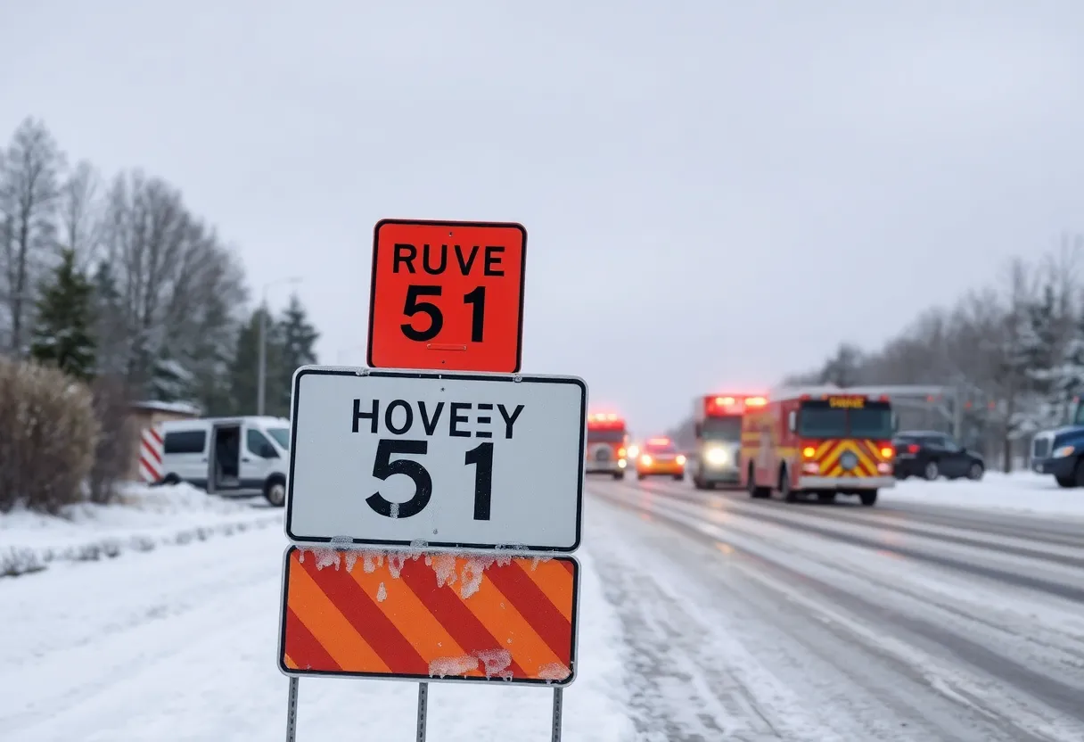 Road closure due to water main break on Highway 51 Pineville during a winter storm