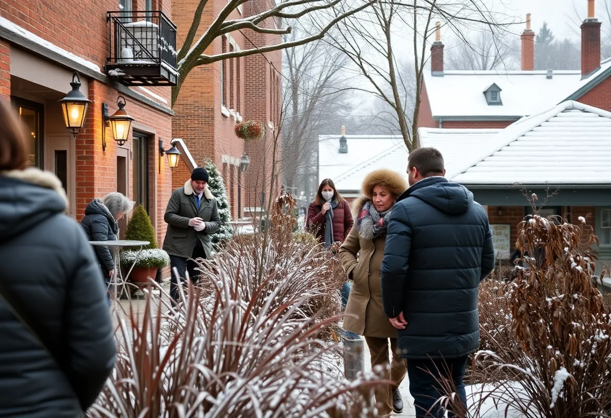 Snowy scene in Charlotte showing winter activities and decor.