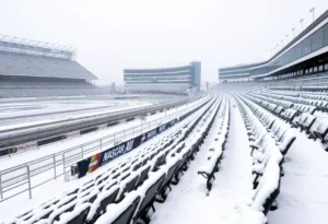 Snow-covered NASCAR racetrack with empty stands