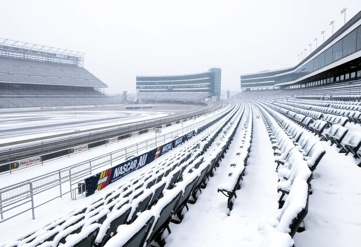 Snow-covered NASCAR racetrack with empty stands