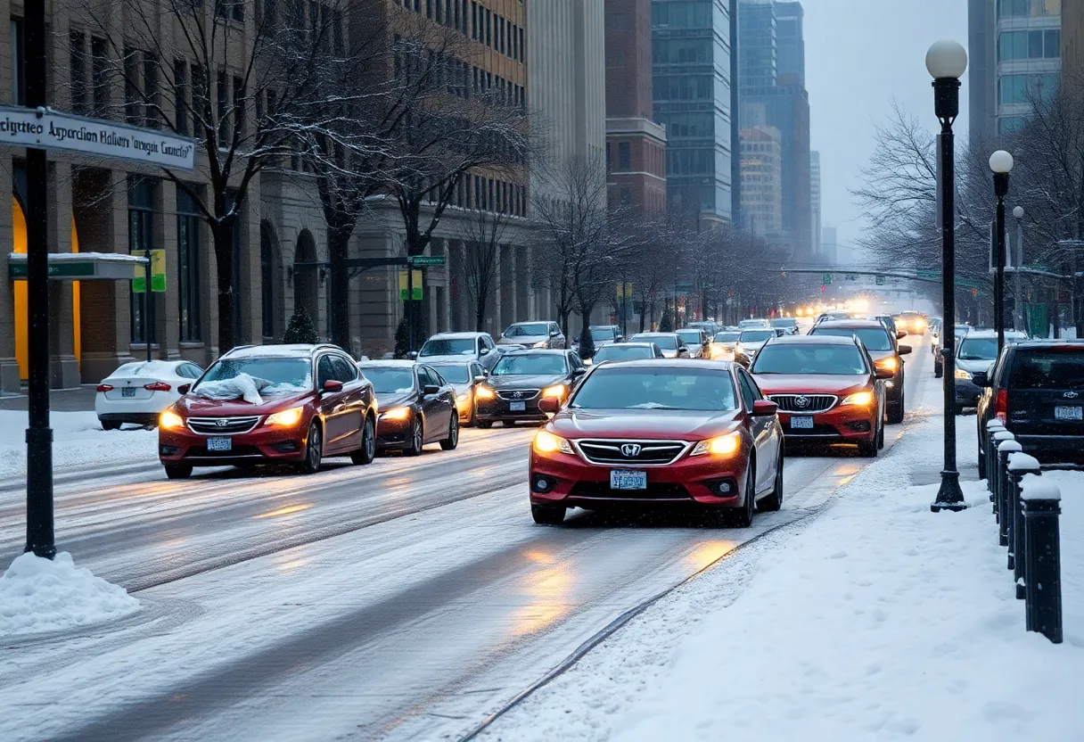 Icy street in Charlotte, NC due to winter storm.
