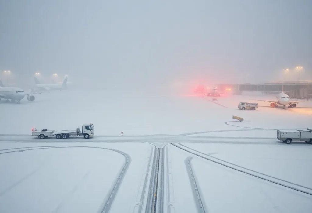 Snow-covered airport runway at Frederick Douglass Greater Rochester International Airport
