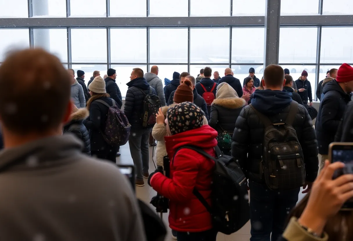 Passengers in an airport experiencing flight cancellations due to Winter Storm Fern