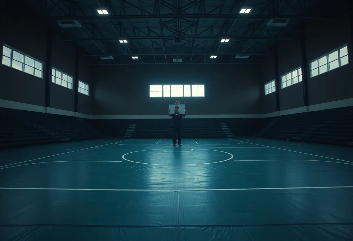 Empty wrestling gym representing the serious allegations against a coach