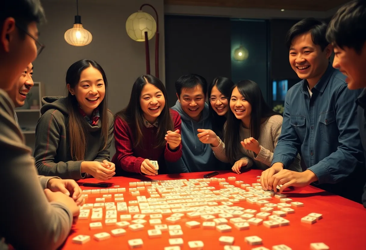 Group of young adults playing Mahjong together