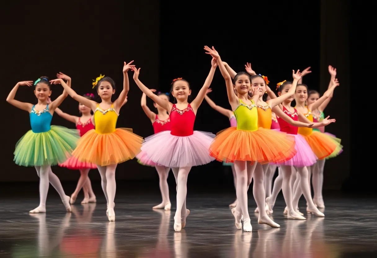A lively ballet performance by youth dancers in costumes