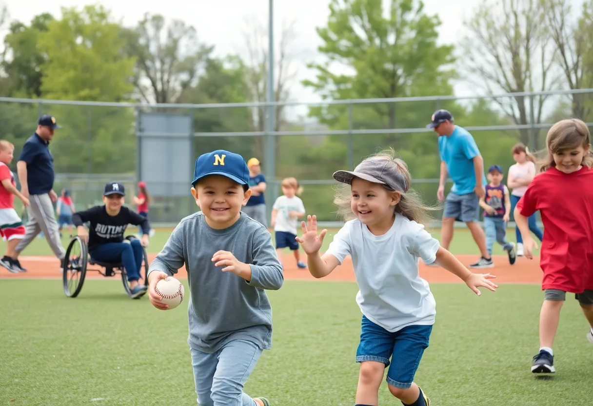Children and adults with disabilities playing baseball in an adaptive league.