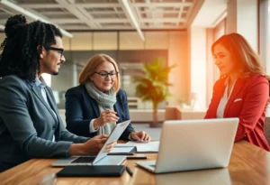 Financial professionals using an AI platform for managing receivables in a modern office.