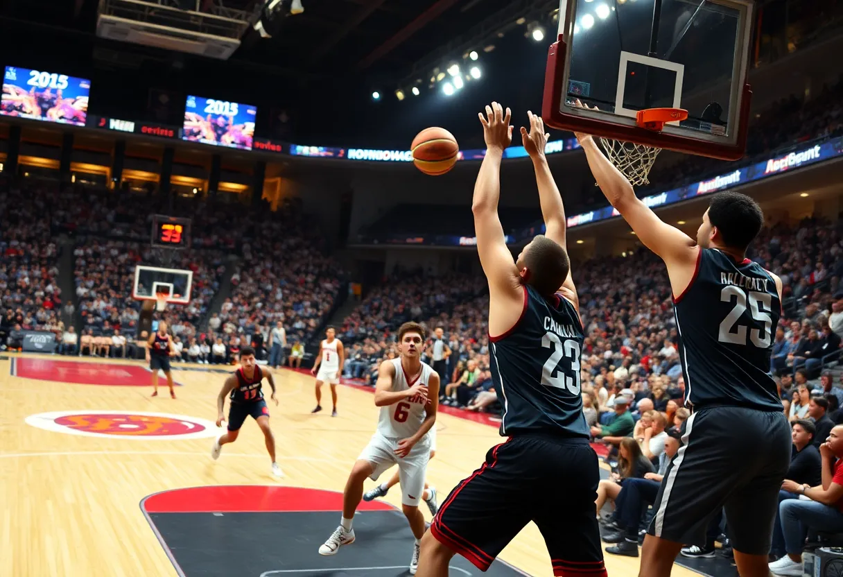 Intense basketball action between APSU and Queens Royals