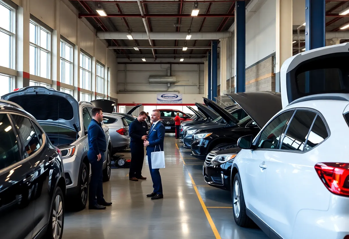 A busy automotive service center in Charlotte, NC, depicting a scene of professionalism and economic activity.