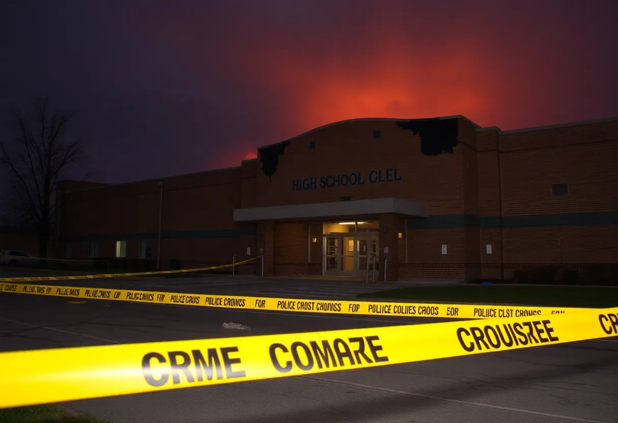Fire damage and police investigation at Bessemer City High School