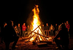 Community members gathered around a bonfire at night.