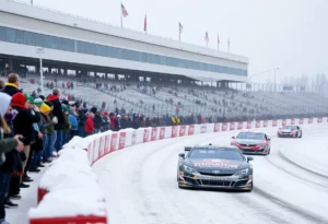 Bowman Gray Stadium under snow with racing cars and fans