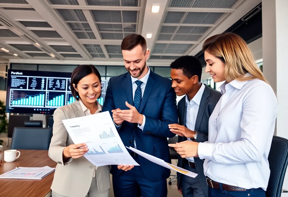 Professionals discussing financial portfolio models in a modern office setting.