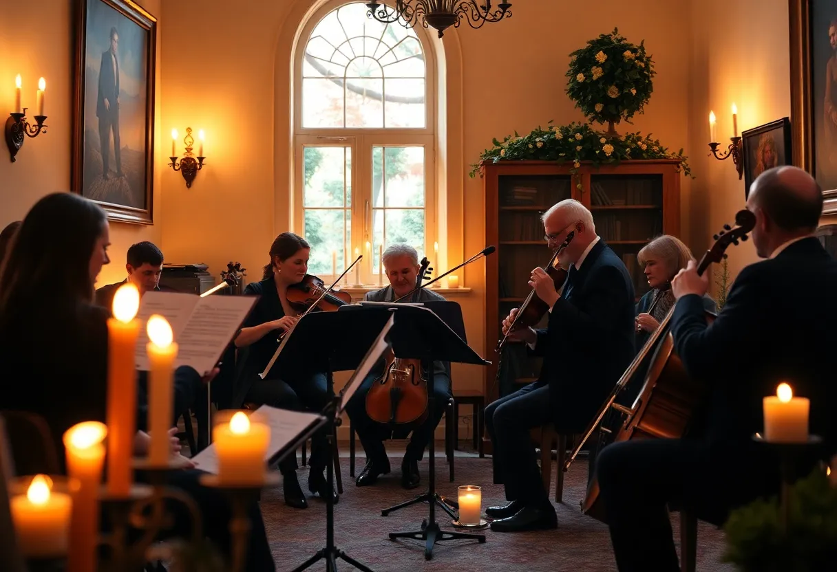 Candlelight concert scene featuring musicians performing in a warm and inviting atmosphere.