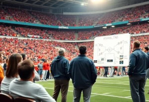 Coaching staff meeting of the Carolina Panthers discussing offensive strategies