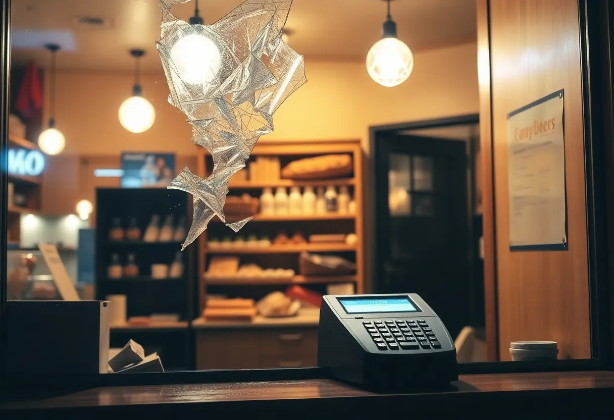 Scene of a cashless bakery with a broken window after a burglary.